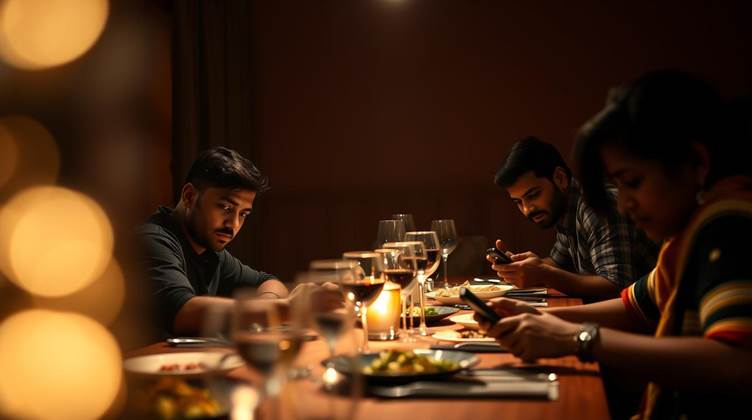 A group of people sitting at a table with wine glasses and cell phonesAI-generated content may be incorrect.